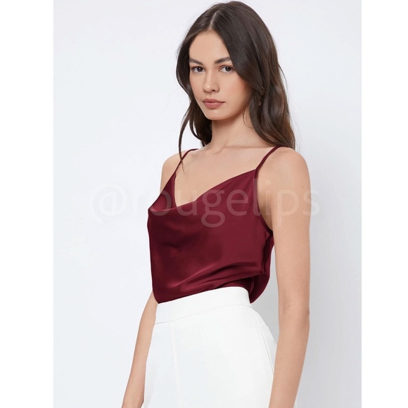 Burgundy Glamorous Cowl Neck Spaghetti Straps Camisole Top Cami, Draped - Picture 2 of 10